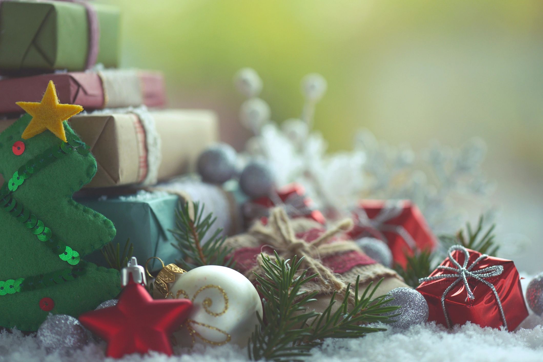Christmas decorations and present styled for a classic holiday reading mood