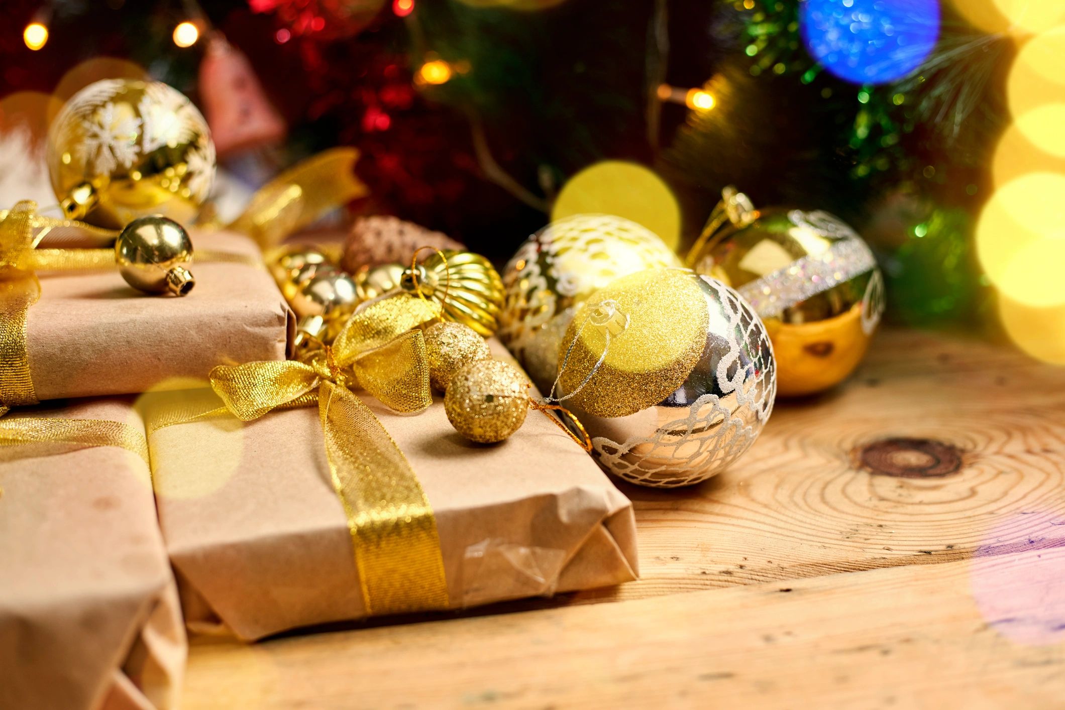 Festive Christmas decorations arranged in a warm holiday scene