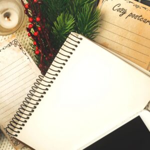Cozy mockup design, flat lay winter composition with copy space, notepad and postcards with decorations, for bloggers