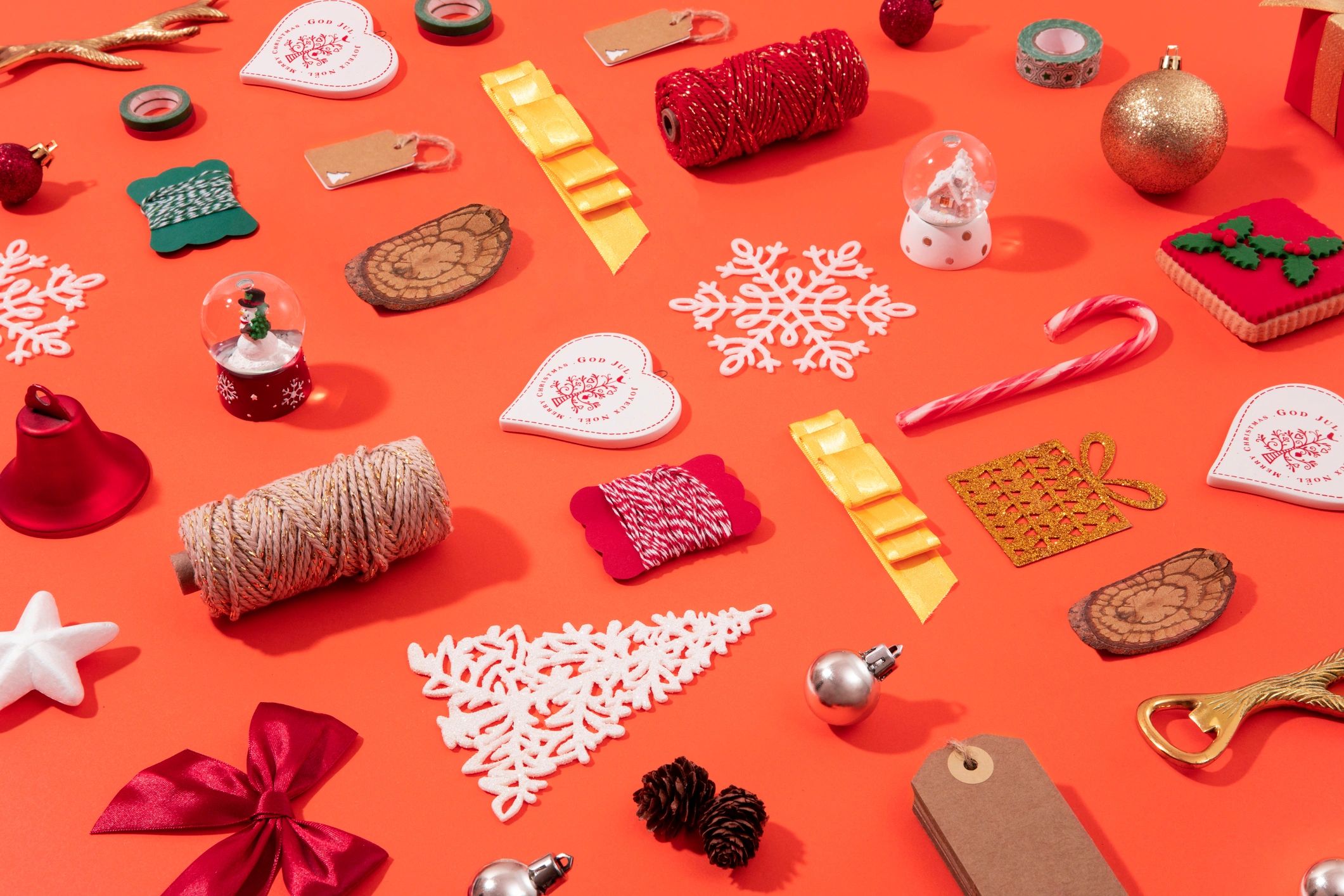 Christmas ornaments and craft objects on a warm background